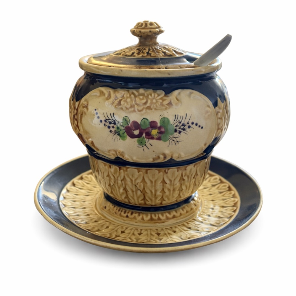 Italian Majolica Blue Gold Floral Lidded Sugar Bowl Spoon Italy OS
